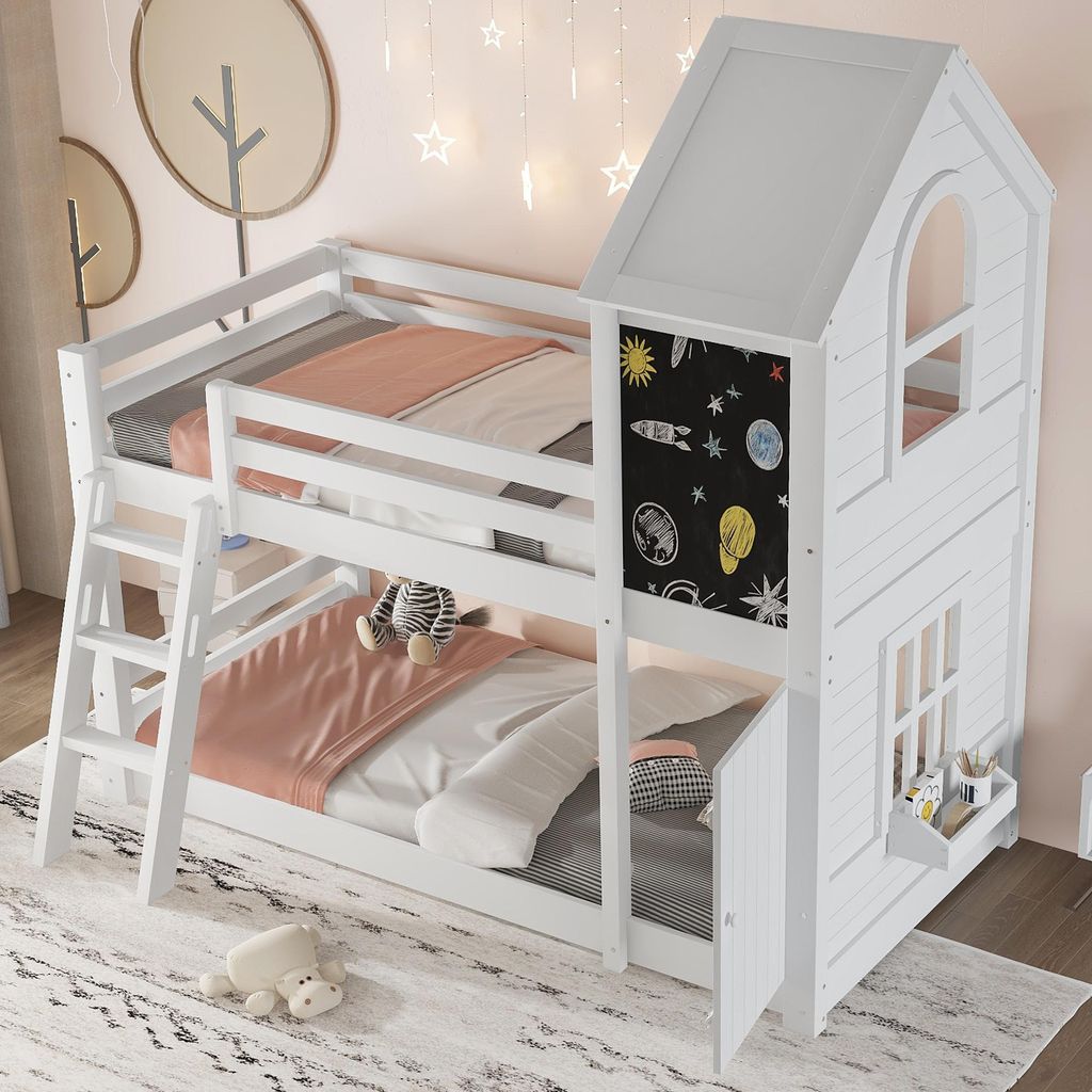 STILVORA Etagenbett 90x200cm mit einerkleinen Tür und einer Tafel, Kinderbett mit schönen Fenstern (für Licht) und einem Dach, Dreistufige Schr...