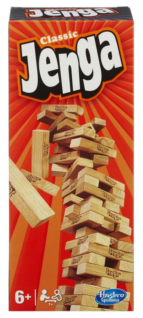 A box of Jenga Classic game with blocks stacked on the front.