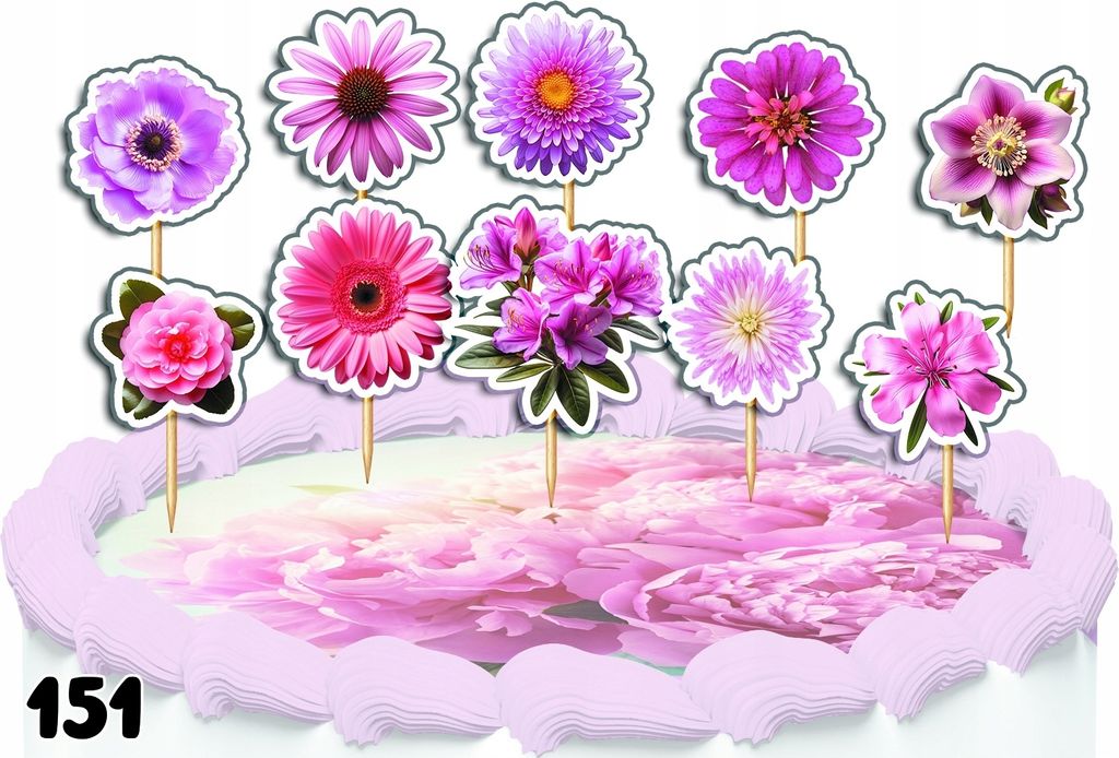 Tortenaufleger Dekorationsset - PINK FLOWERS 10 Stück.