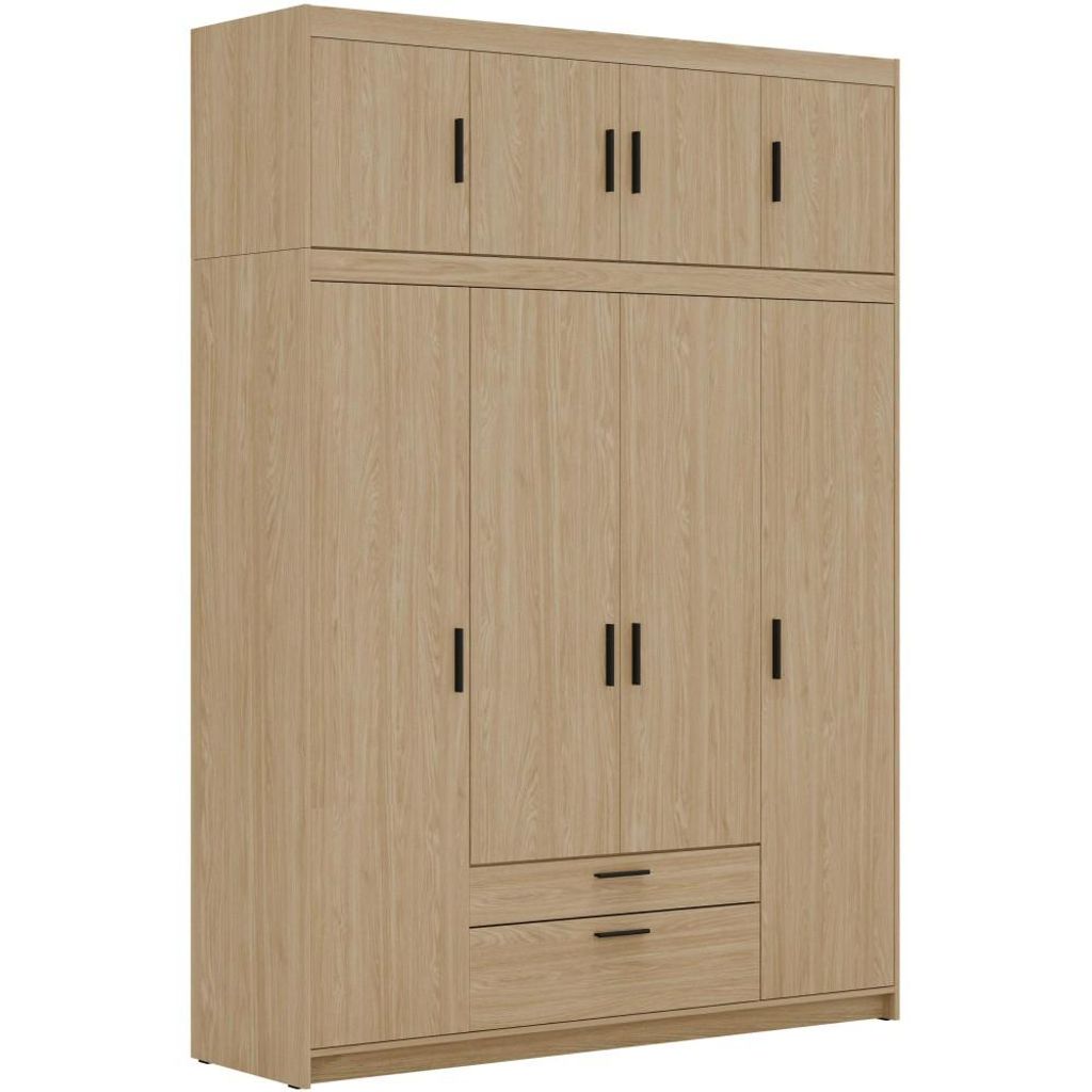 Drehtürenschrank ELENA 4D Eiche geölt mit schwarze Griffe - Kleiderschrank 175 cm mit Erweiterung, 2 Schubladen und glatten 4 Türen