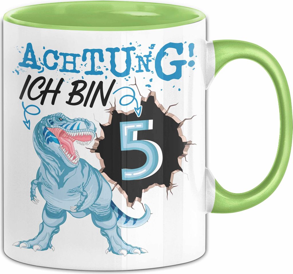 5. Geburtstag Geschenk Tasse Becher Jungs Sohn T-Rex Geburtstagsgeschenk Dinosaurier Achtung Ich bin 5 (Grün)