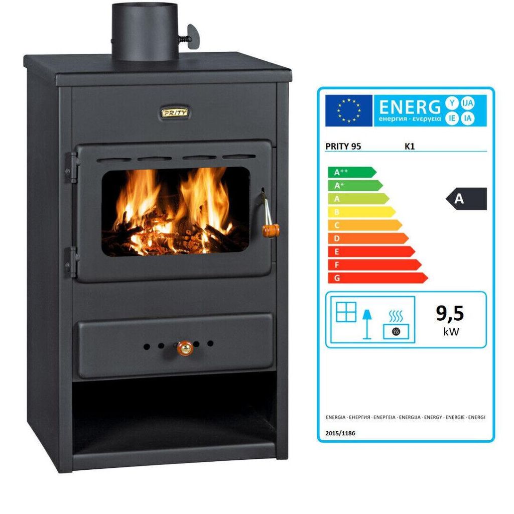 A wood-burning stove and its energy efficiency label.