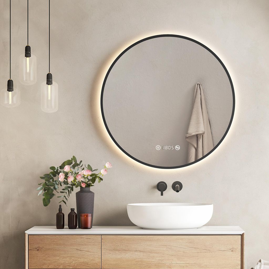 EMKE Badspiegel Rund LED Spiegel mit Beleuchtun ф70cm Schwarzer Rund Badezimmerspiegel mit Beschlagfrei, Uhr, Temperatur, Dimmbar, Memory-Funktion...