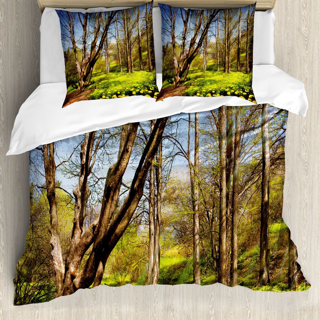 ABAKUHAUS Natur Bettbezug, Frühlingswaldblumen, Milbensicher Allergiker geeignet mit Kissenbezügen, 200 cm x 200 cm - 80 x 80 cm, Gelb Blau Braun