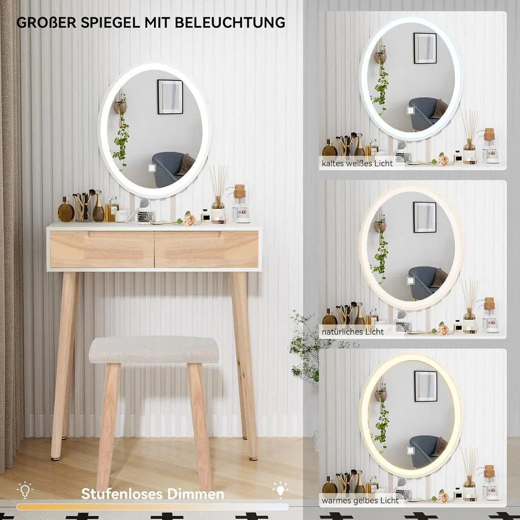 Coiffeuse avec éclairage LED réglable, miroir et 2 tiroirs - Modèle LUNA - 3