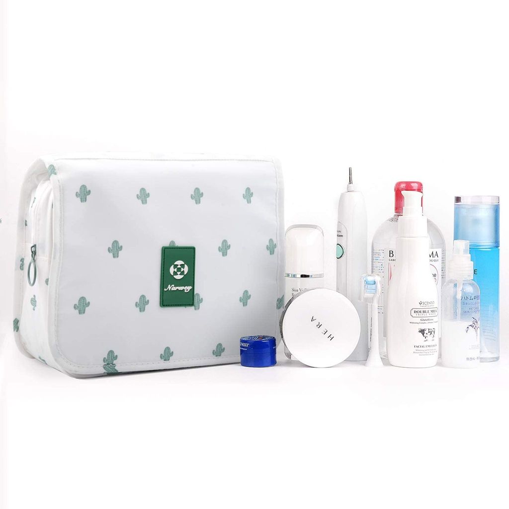 Reise-Kulturbeutel Zum Aufhängen – Wasserdichter Kosmetik-Organizer Mit Kaktus-Muster (Weiß)