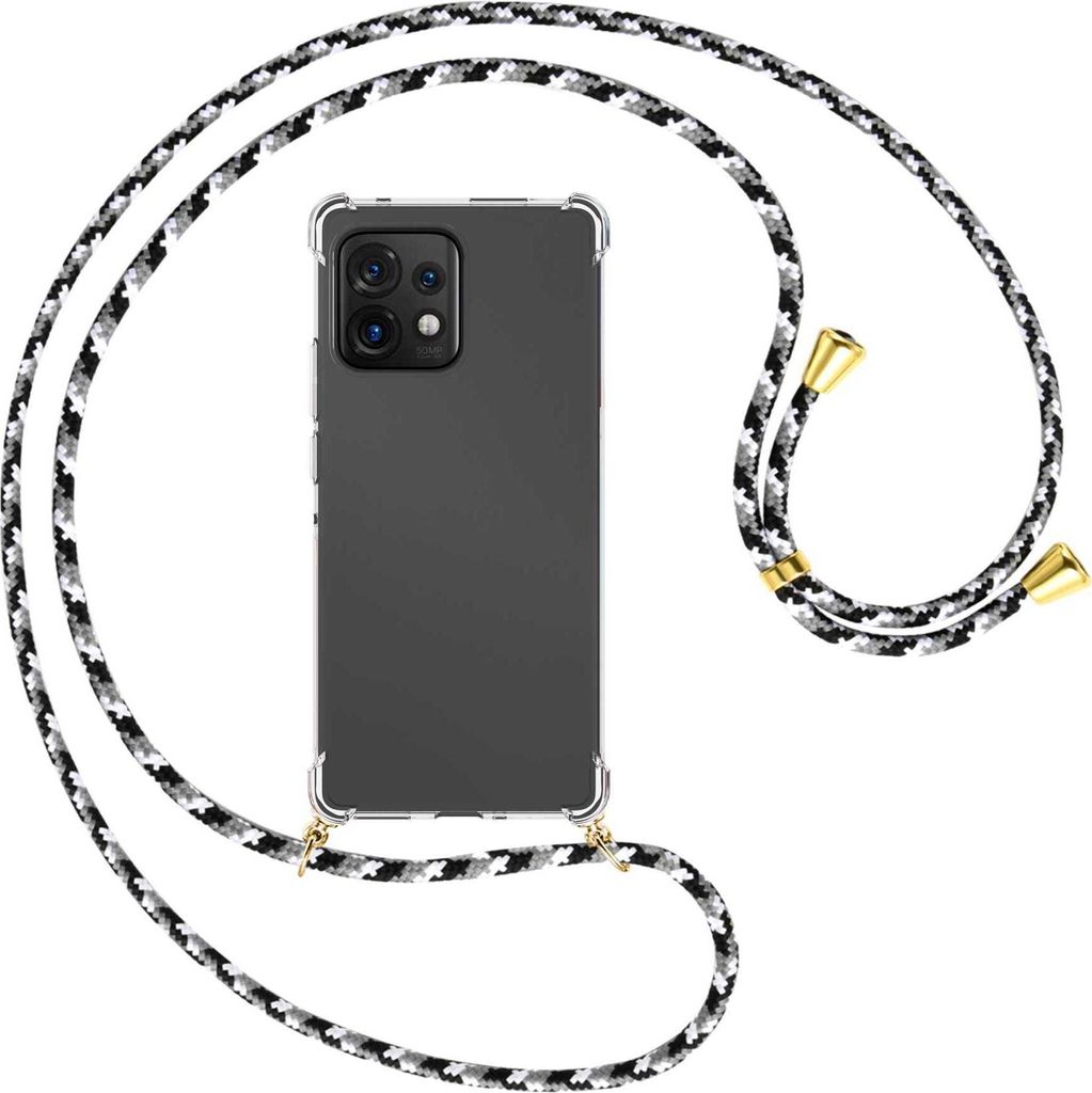 Handykette Backcover-Schutzhülle mit Band (Metall goldfarben) für Motorola Edge 40 Pro (Moto X40) - schwarz/grau/weiß