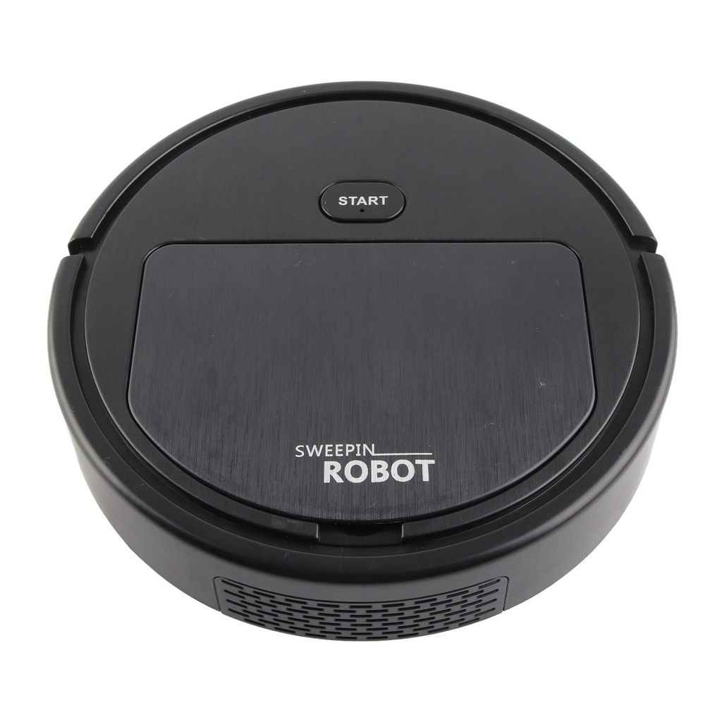 A black robot vacuum cleaner is shown from a top-down perspective on a white background.