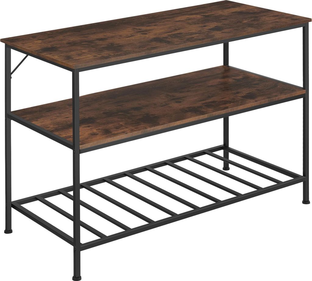 A three-tier shelving unit with a rustic wood-grain finish and black metal frame, shown against a white background.