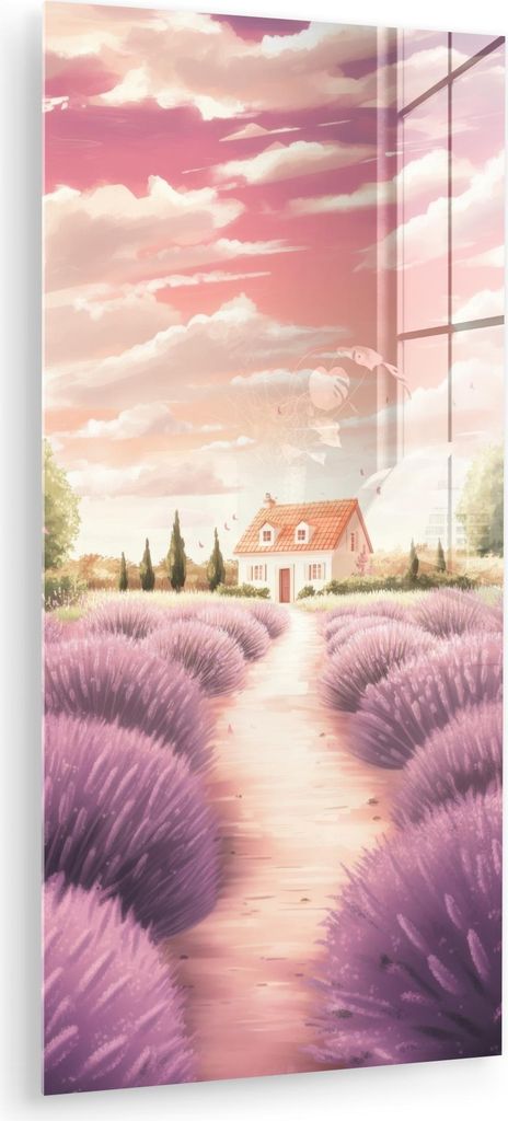 MuchoWow Glasbilder - Bilder auf Wandbild - Foto auf Glas Lavendelfeld - Haus - Lila 40x80 cm Wanddekoration aus Glas - Acrylglasbild - Acrylbilder...