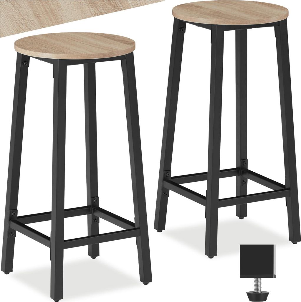 Two bar stools with wooden seats and black metal legs are shown against a white background.