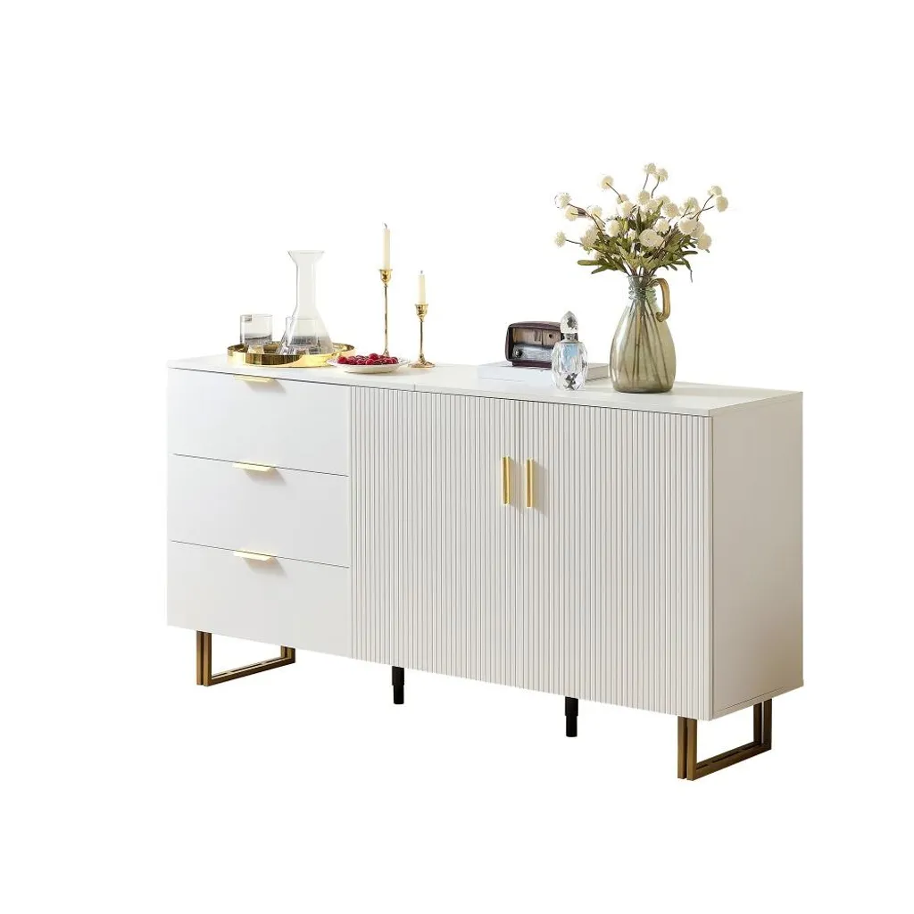 Buffet blanc et doré design contemporain avec pieds marron 160cm