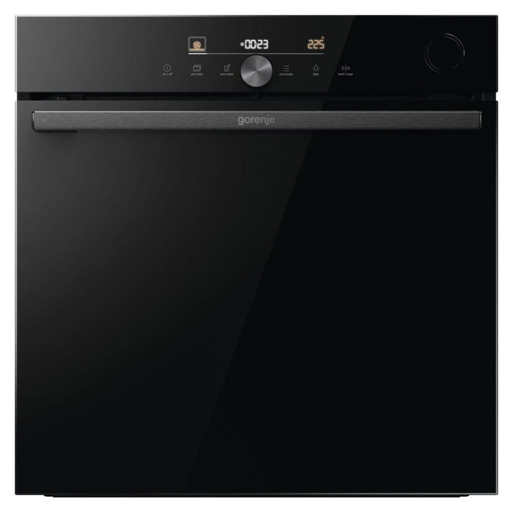 A front view of a black Gorenje oven.