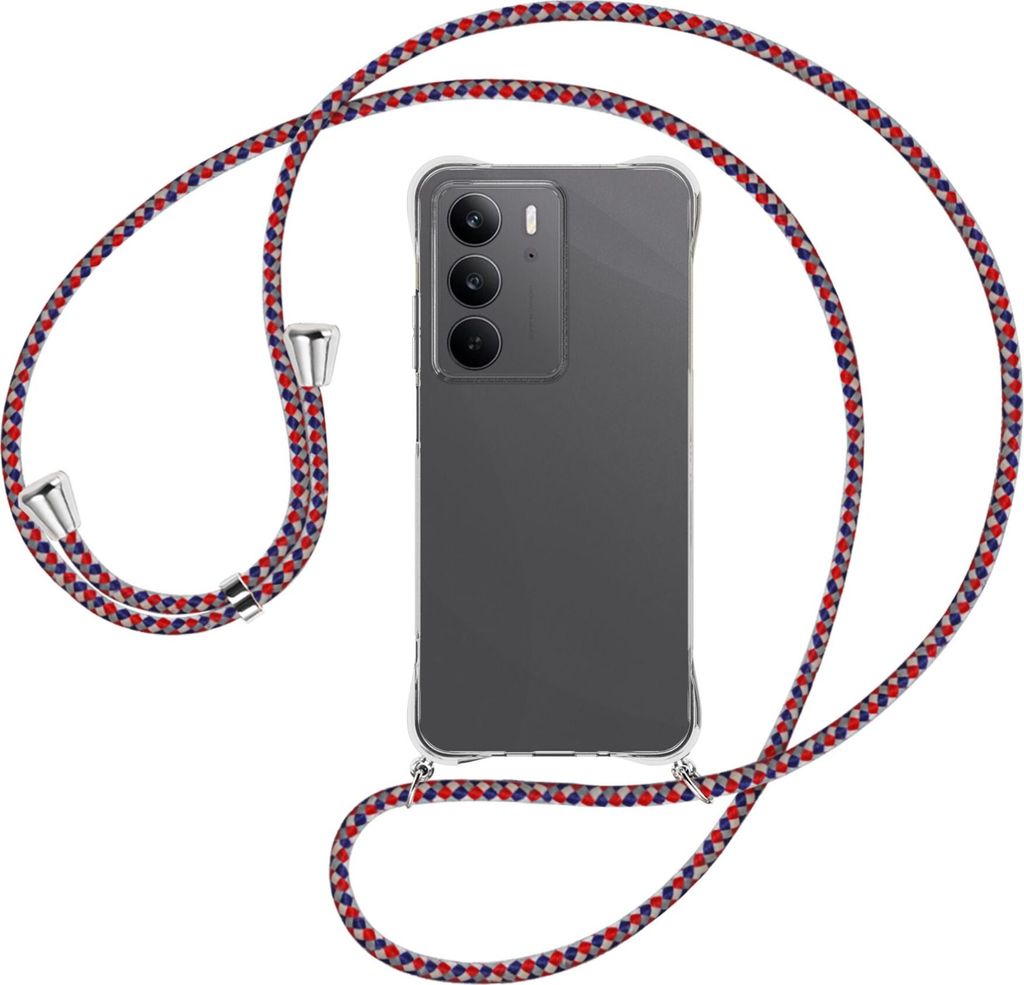 Handykette Backcover-Schutzhülle mit Band (Metall silberfarben) für Realme C75 4G - silber/blau/rot