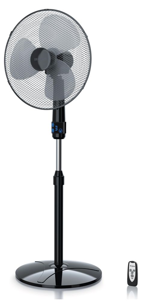 A black pedestal fan with a remote control against a white background.