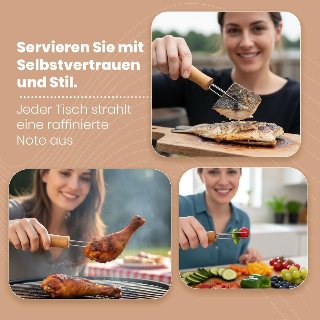 8 Pellkartoffelgabeln Buche + Edelstahl