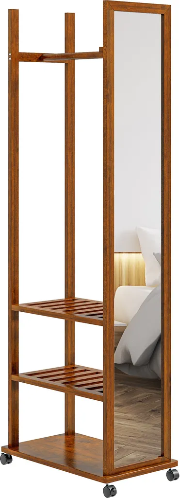 HOMCOM Specchio a stelo, specchio a figura intera con supporto, 24,8 x 153,8 cm Specchio per armadio con rotelle, armadio a 3 livelli, asta appendiabiti, per soggiorno, camera da letto, noce