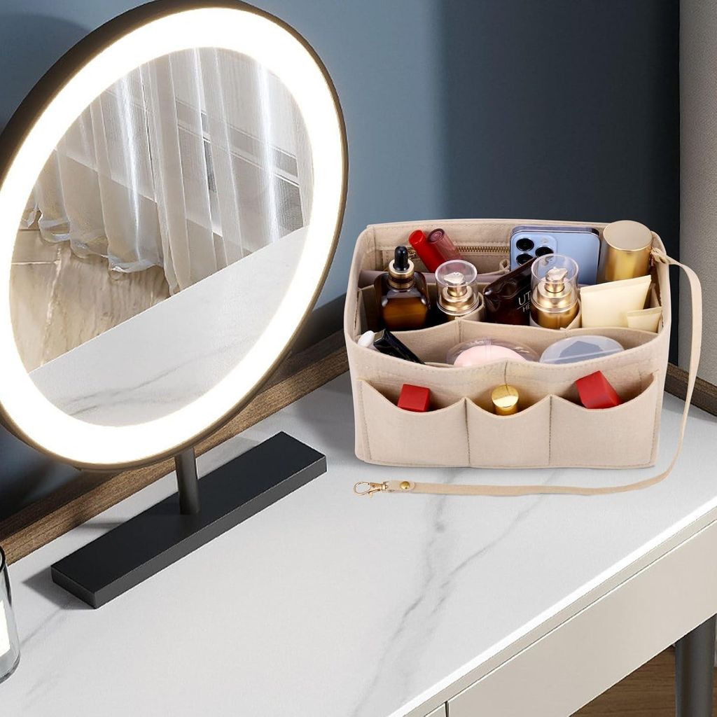 Tasorganizer aus Filz: Stilvolle, nachhaltige Handtaschenorganizer mit mehreren Fächern, Shopper mit Reißverschluss - Beige, 30 x 17 x 16 cm