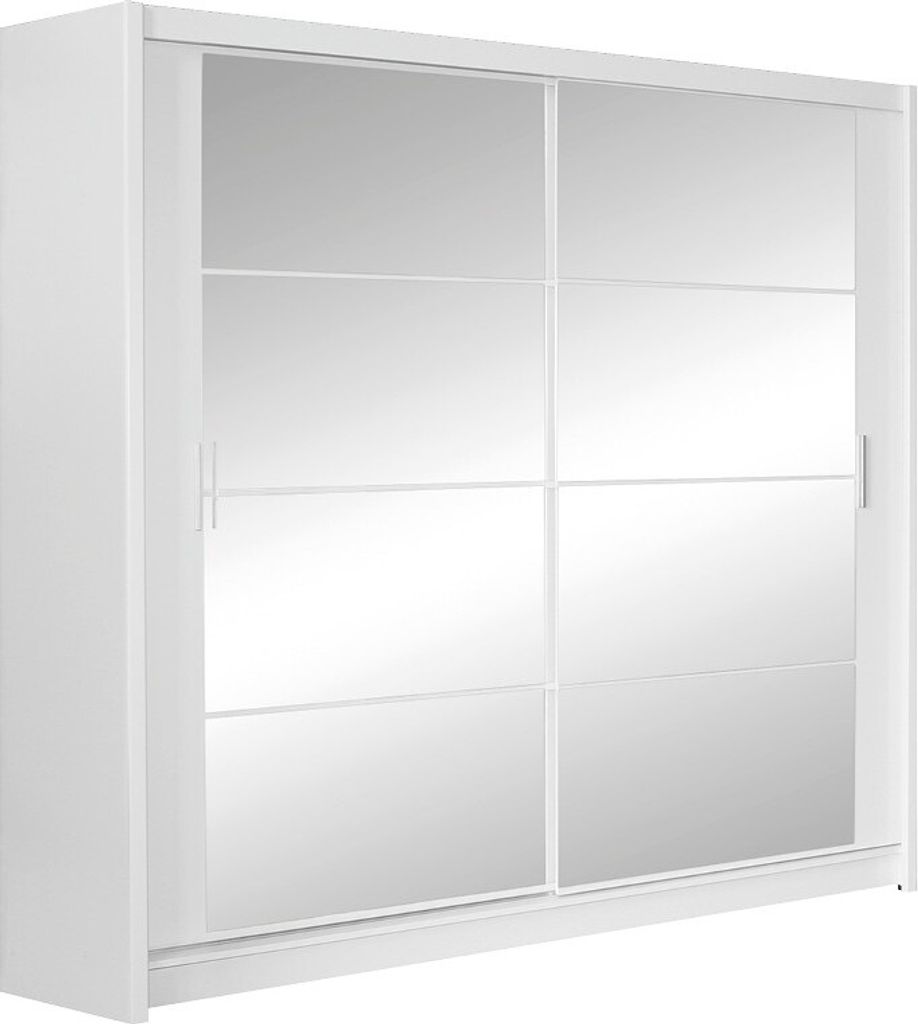 Furniture24 Kleiderschrank Dakota 160 Schlafzimmer 2 Türiger Schwebetürenschrank Schrank mit Kleiderstange 4 Einlegeboden und Spiegel Weiß Schie...