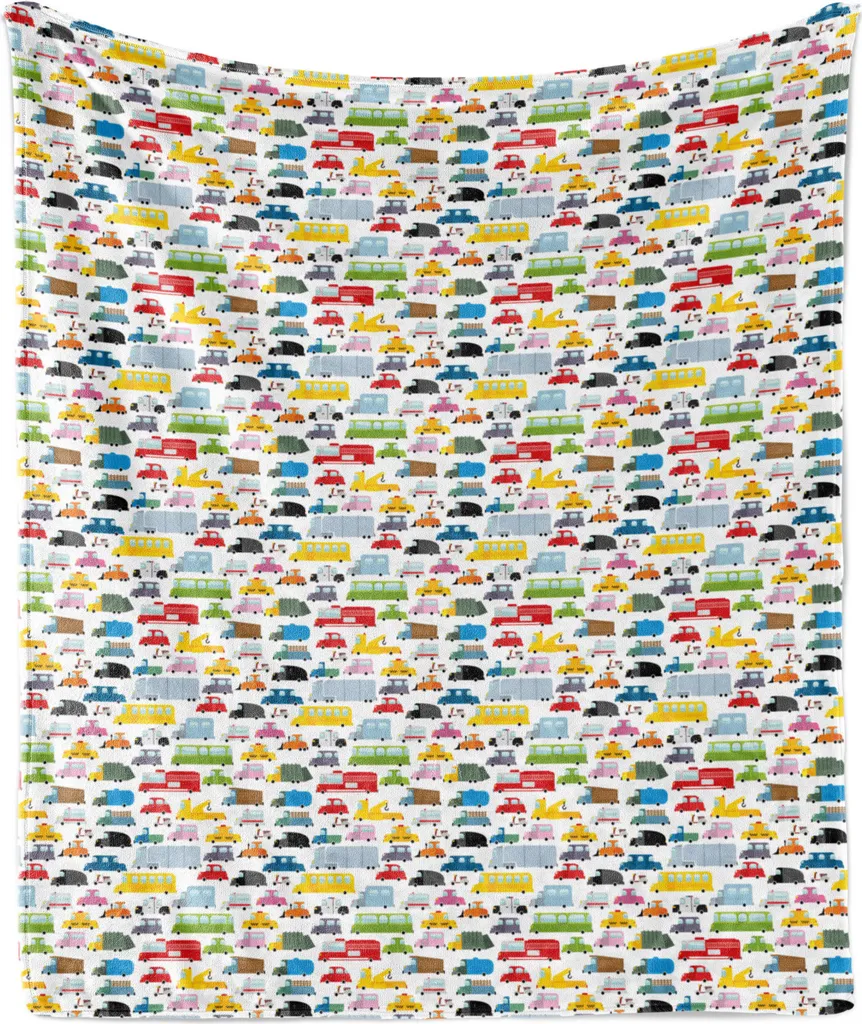 ABAKUHAUS Coperta in morbido pile di flanella, motivo ripetitivo colorato con veicoli per la raccolta dei rifiuti in diverse forme e colori, 175 x 230 cm, multicolore