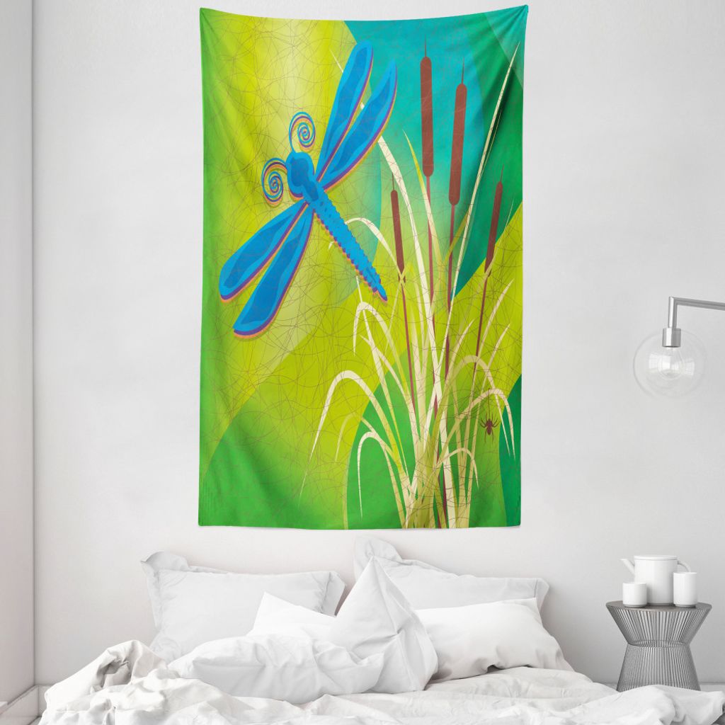 ABAKUHAUS Jahrgang Wandteppich und Tagesdecke, Blaue Libelle auf Grün aus Weiches Mikrofaser Stoff Waschbar ohne Verblassen Digitaldruck, 140 x 23...