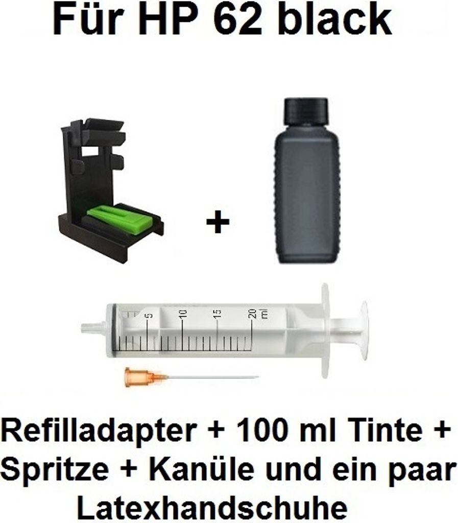 A flat lay image showing a refill kit for HP printer cartridges, including a refill adapter, a bottle of black ink, a syringe, a needle, and a pair of latex gloves.