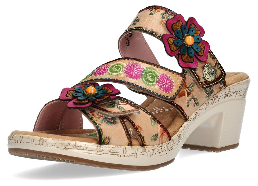 Laura Vita Damen Pantolette Boho mit Blütenapplikationen aus Leder Beao 15, Größe:41 EU, Farbe:Beige