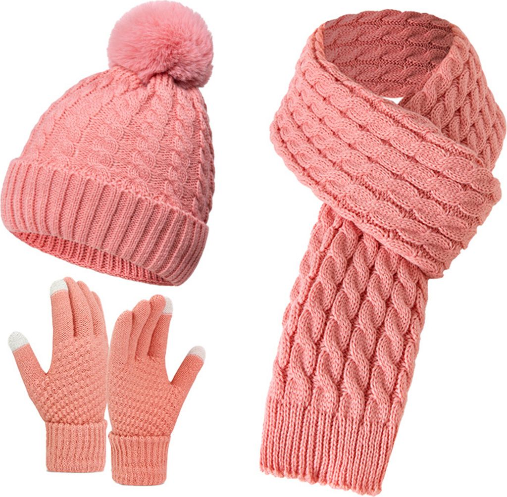 3-teiliges Set mit Wintermütze, Schal und Handschuhen für Uni, dick gestrickt, mit Ohrenschutz, Kappe, Handschuhe, dehnbar, mit Plüsch gefütter...