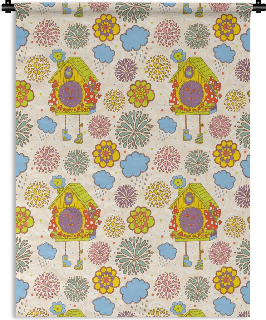 MuchoWow Wandteppich Wandbehang Kuckucksuhr - Muster - Pilz - Blumen 120x160 cm Tapisserie Dekoration Wandtuch - Wohnzimmer - Moderne