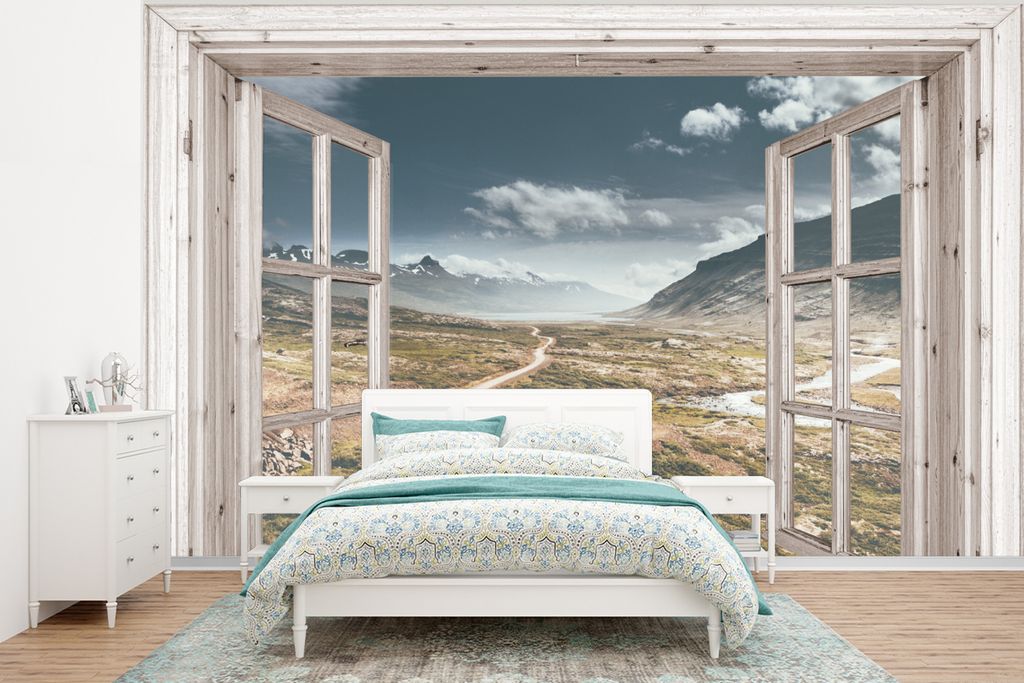 MuchoWow Fototapete für Wohnzimmer oder Schlafzimmer Wandtapete Vinyl Motivtapete Durchblick - Berge - Holz - 295x220 cm - Wand Tapete