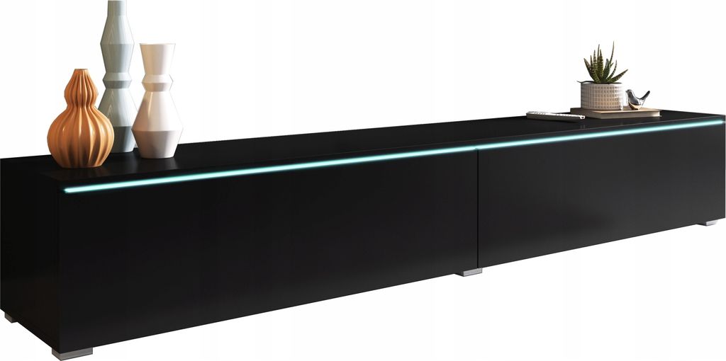 A modern black TV stand with decorative vases and a small plant on top.
