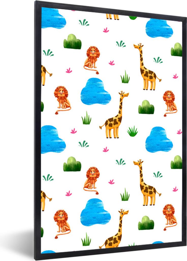 MuchoWow Gerahmtes Poster Löwe - Giraffe - Tiere - Vorlage 60x90 cm - Poster mit Schwarzem Bilderrahmen Wandposter Rahmen Foto Bilder - Kunst