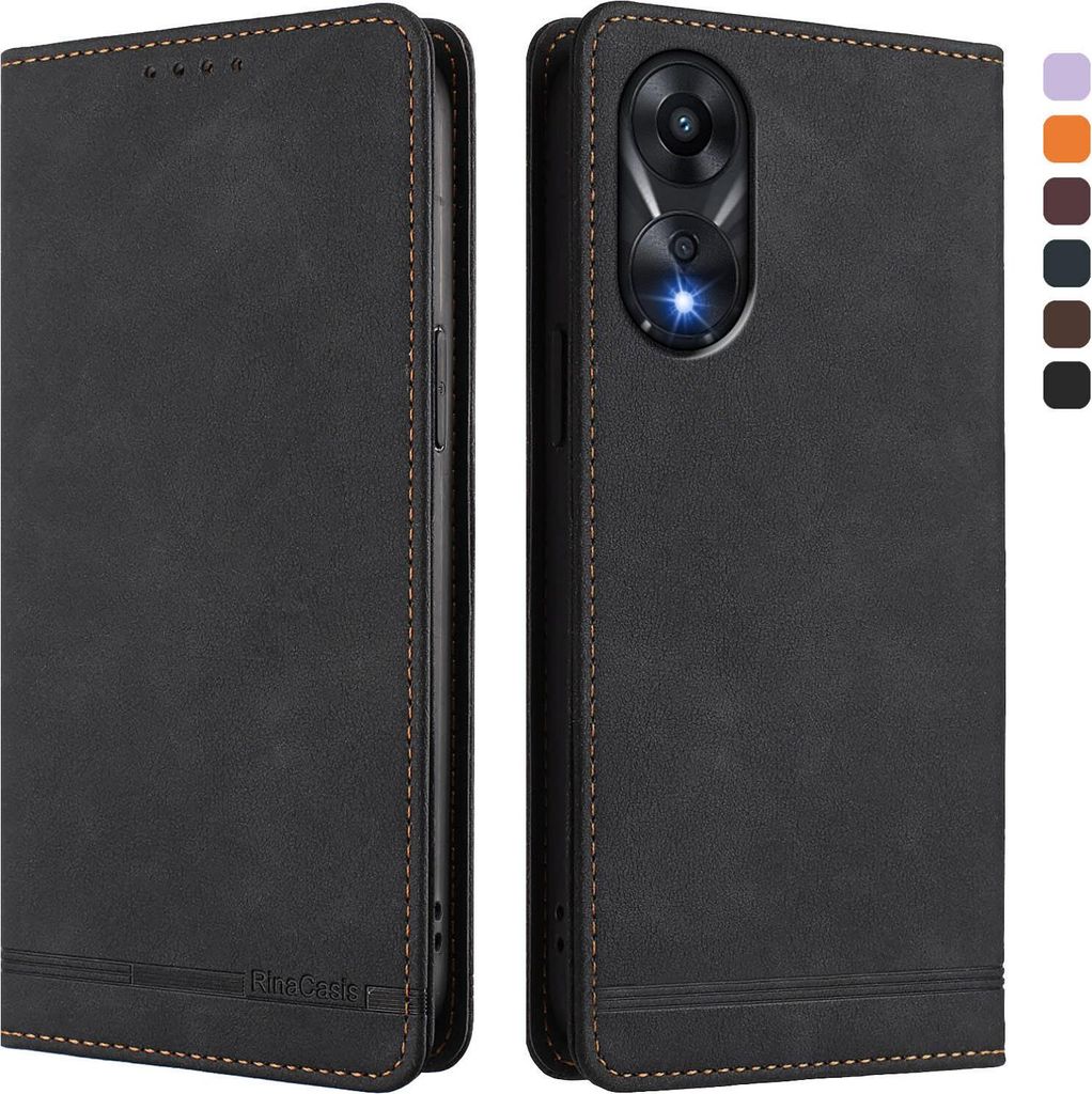 Hülle für Oppo A78 4G, Retro Kunstleder Ständer Klapphülle mit Kartenfächer und Magnetische Schwarz