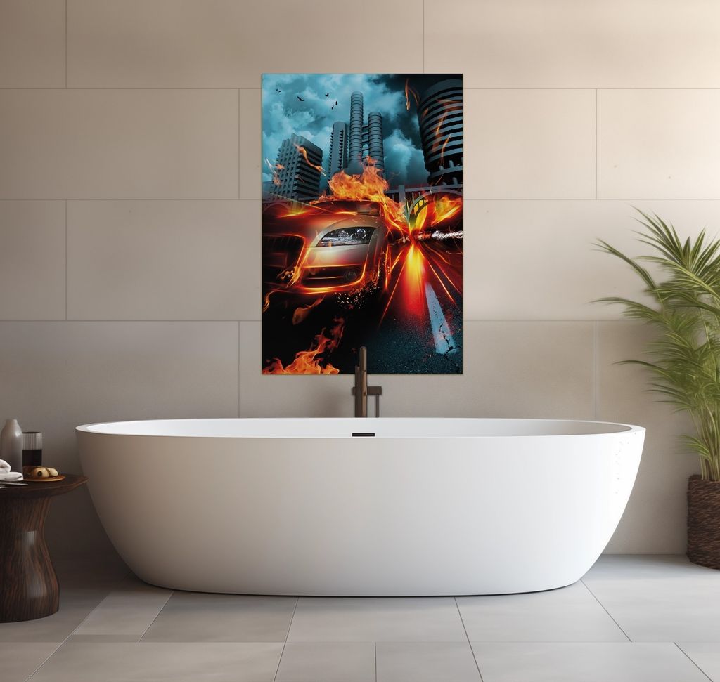 Wallario wasserfestes Poster selbstklebend 91,50 x 61 cm, Brennendes fahrendes Auto, Badezimmerposter Spritzschutz mit Hochglanzoberfläche in Glas...