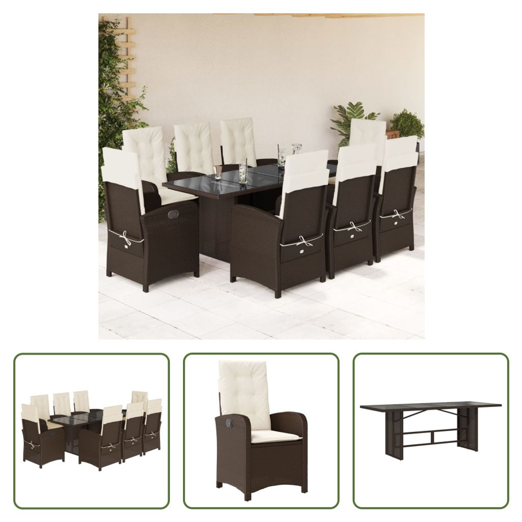 The Living Store 9-tlg. Garten-Essgruppe mit Kissen Braun Poly Rattan