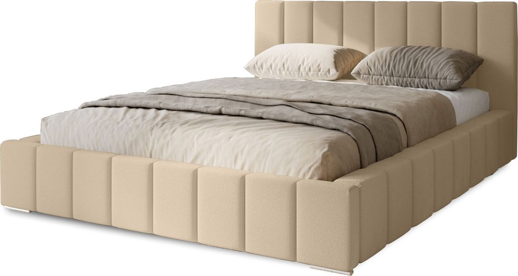 Polsterbett Menos 140x200 cm, Bett mit Kopfteil, Doppelbett mit Bettkasten und Lattenrost aus Holz, Velourstoff: Creme