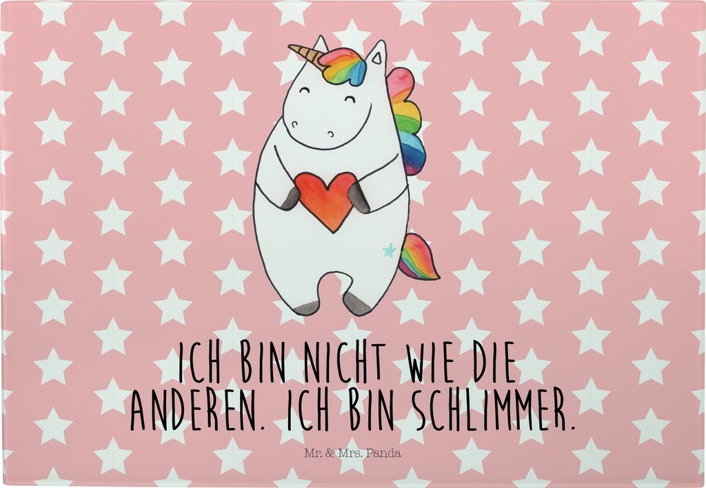 Mr. & Mrs. Panda Hackbrett Einhorn Herz - Rot Pastell - Geschenk, Servierplatte, Lustig, Unicorn, Bunt, Vesperplatte, Einhörner, Schneidebrett, Gl...