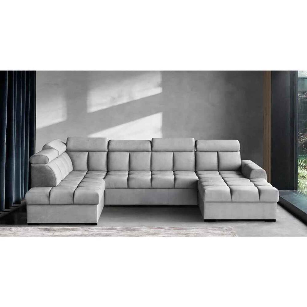 Ecksofa Gomez U-Form links mit Schlaffunktion und 2x Bettkasten, Polsterecke in Veloursstoff Hellgrau