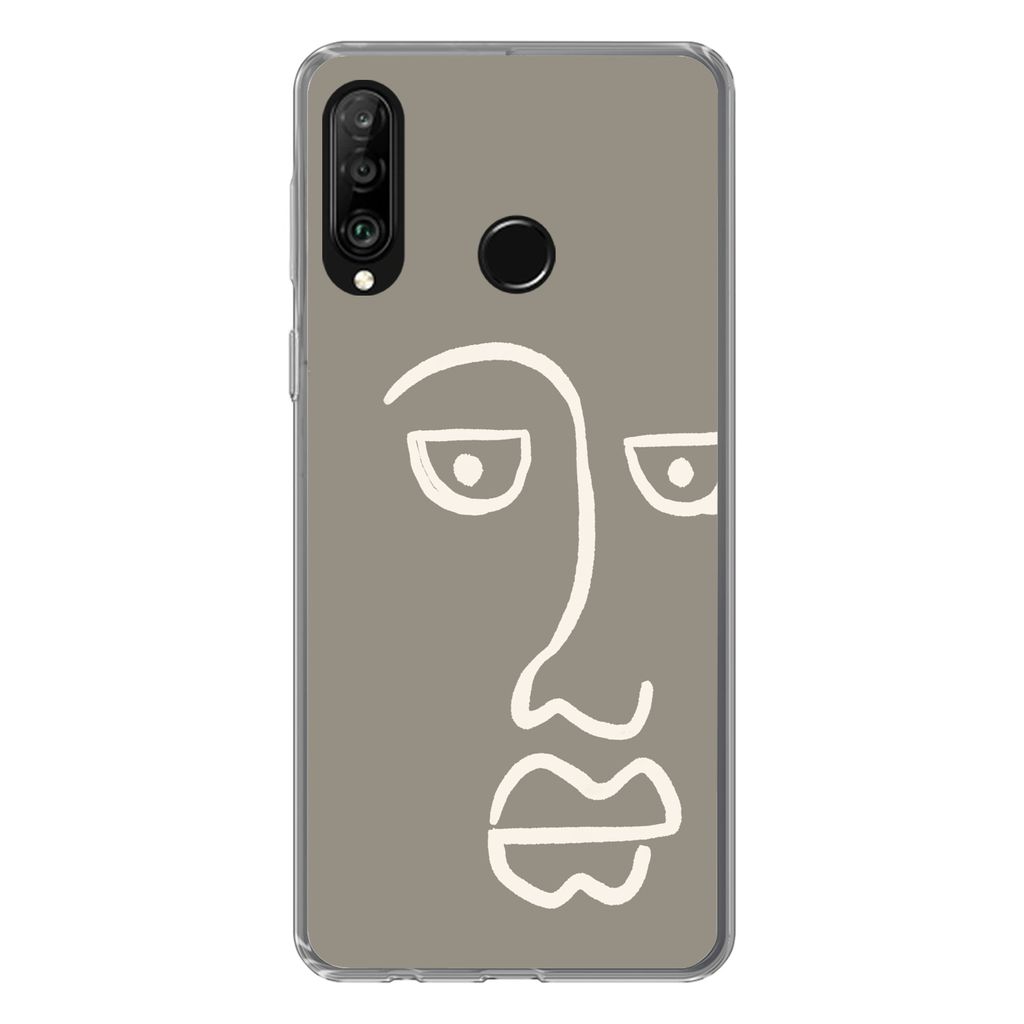 MuchoWow Handyhülle Schutzhülle Hülle für Huawei P30 Lite Gesicht - Abstrakt - Strichzeichnung Silikon Softcase Handy Hülle - Handyhülle