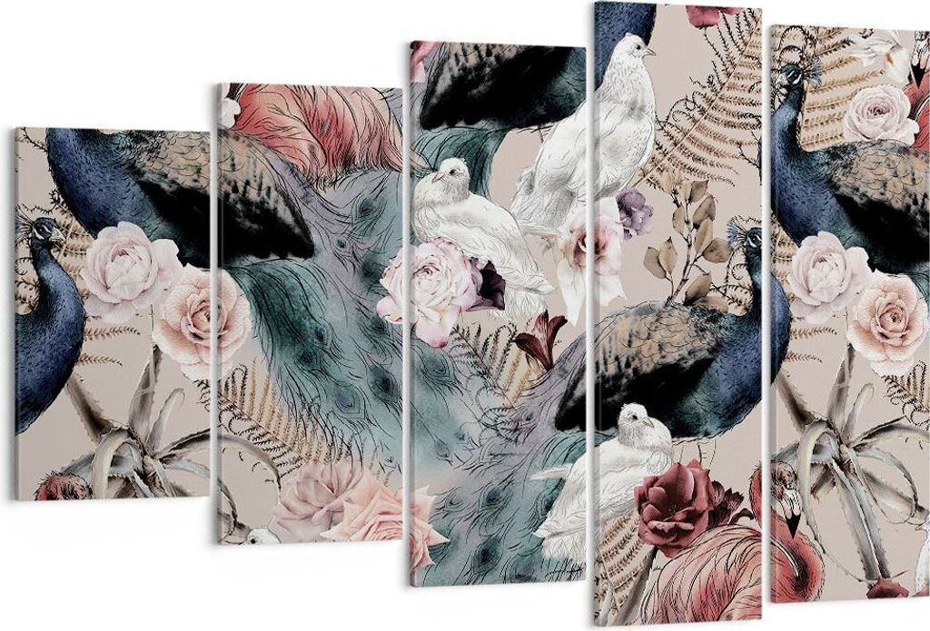 Bild auf Leinwand - Leinwandbild - 5 Teile - Pfauen Squab Flamingos - 150x100cm - Wand Bild - Wanddeko - Wandbilder - Leinwanddruck - Bilder - Wand...
