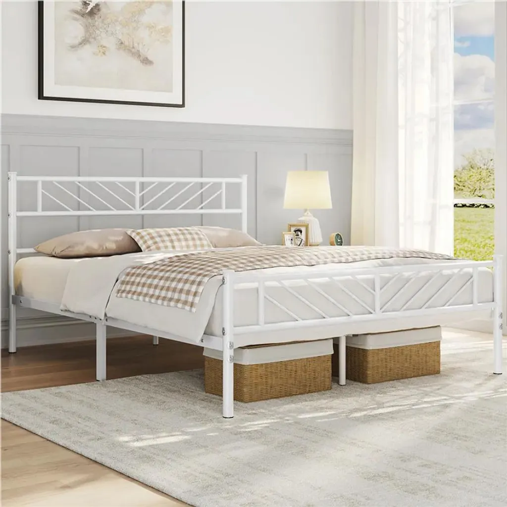 Cadre de lit blanc 140x200 pour chambre adulte ou d'amis, métal solide