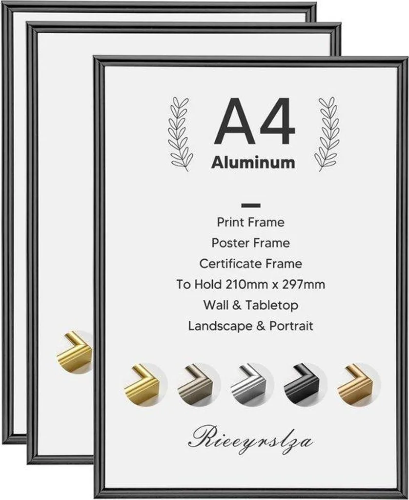 Cadre photo noir A4 en aluminium - Lot de 3 supports muraux design épuré