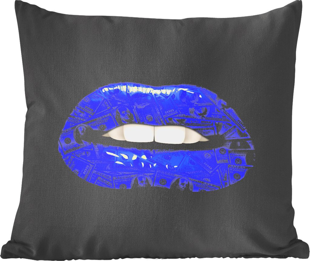 MuchoWow Zierkissen Sofakissen Wohnzimmer Dekokissen 40x40 cm Lippen - Geld - Blau - Foto Kissen - Schlafzimmer Dekoration