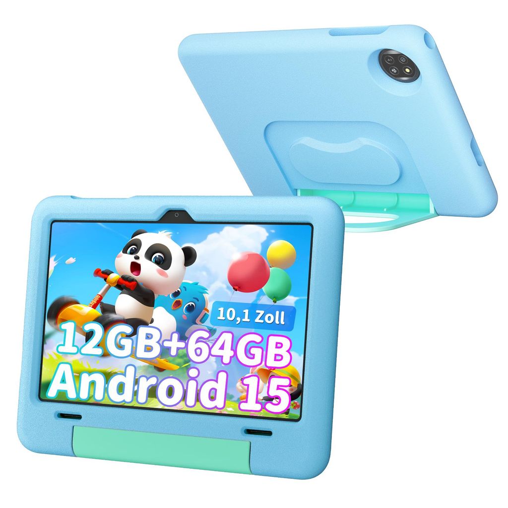 A blue tablet with a cartoon panda on the screen, displayed in a child-friendly case with a kickstand.