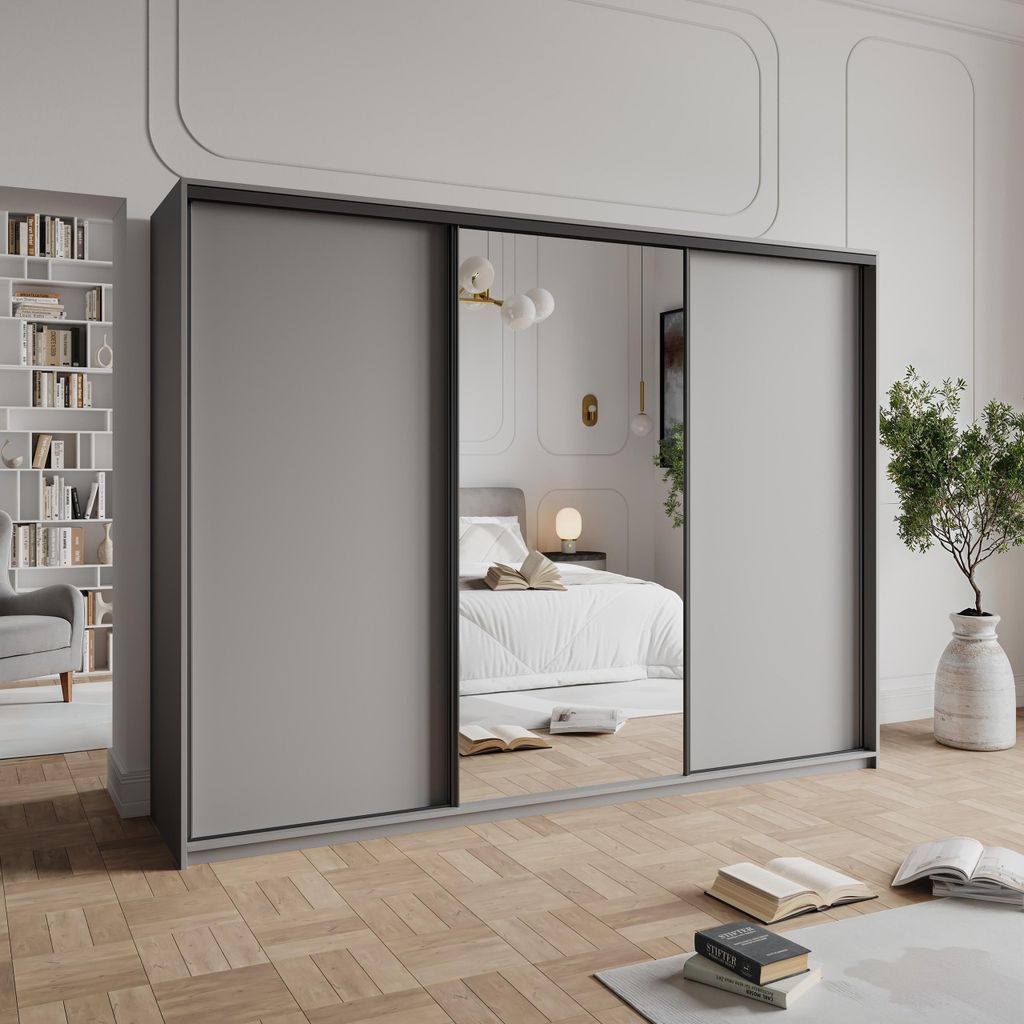 Masseno Schiebetürenschrank TAVI 250/205/60 cm Kleiderschrank mit 4 Schubladen Schlafzimmer Schrank 3-türig mit Spiegel Graphitfarben