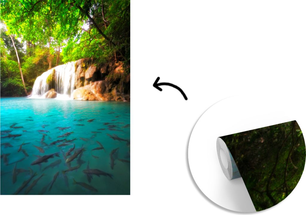 MuchoWow Fototapete für Wohnzimmer oder Schlafzimmer Wandtapete Vinyl Motivtapete Angeln im Wasser im Erawan-Nationalpark mit Blick auf einen Wa...