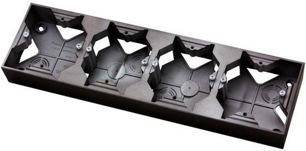 A dark gray, multi-compartment electrical installation box is shown against a white background.