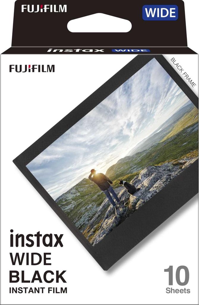 A box of Fujifilm Instax Wide Black instant film, with a landscape photo on the front.