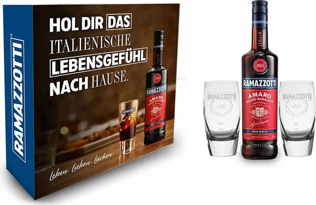Ramazzotti Geschenkset - Ramazzotti Amaro Milano 0,7L (30% Vol.) + 2 Ramazzotti Crema Gläser Bauchig mit Geschenkbox - [Enthält Sulfite]