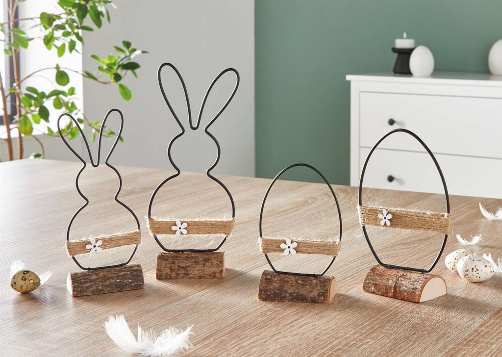 4x Osterdeko "Modern" aus Metall, Holz & Jute, Dekofiguren Osterhase & Osterei, 13 - 22 cm hoch
